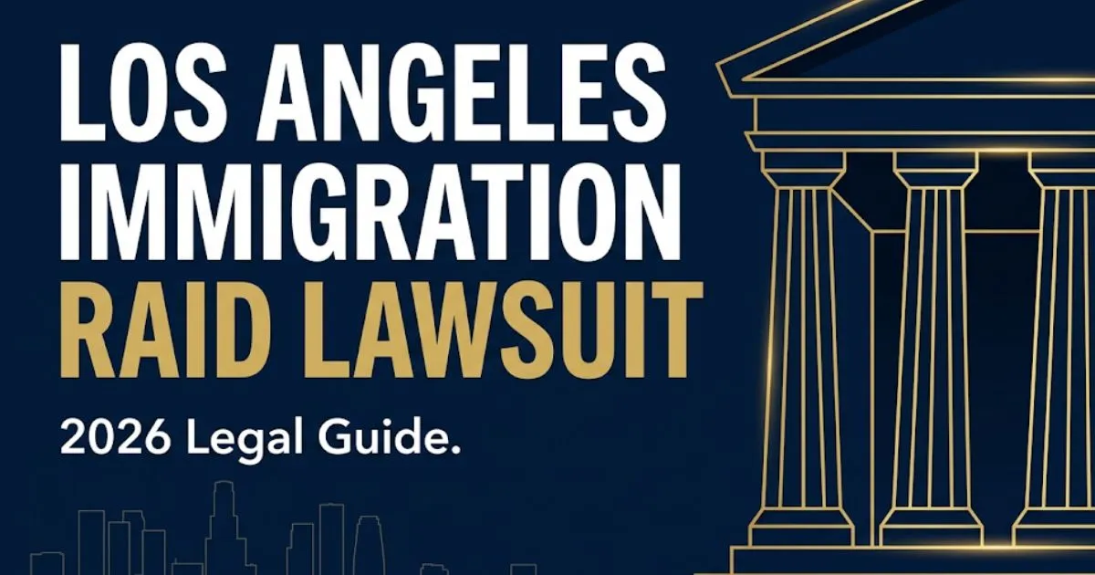 Los Angeles immigration raid lawsuit 2026 legal guide banner with courthouse illustration and city skyline silhouette