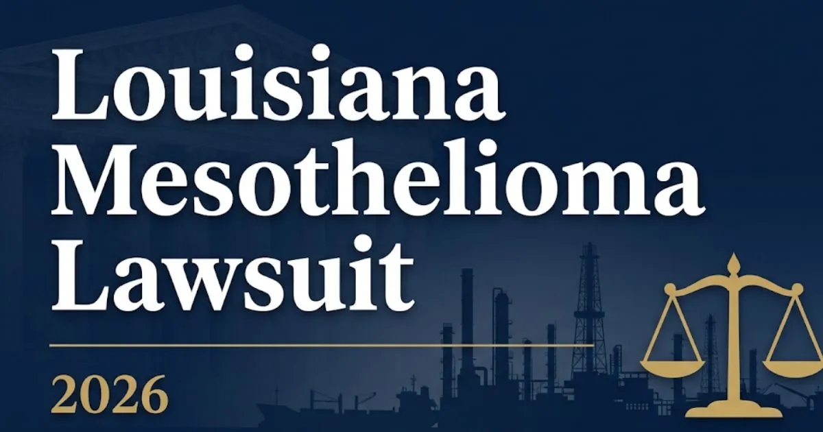 Louisiana mesothelioma lawsuit 2026 filing guide with legal scales and industrial skyline banner