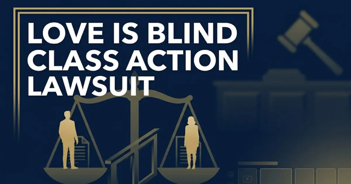 Love Is Blind Class Action Lawsuit 2026 legal banner with balance of justice scale and courtroom silhouettes