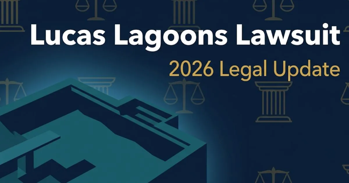 Lucas Lagoons Lawsuit 2026 legal update banner showing pool silhouette and courthouse legal symbols on navy background