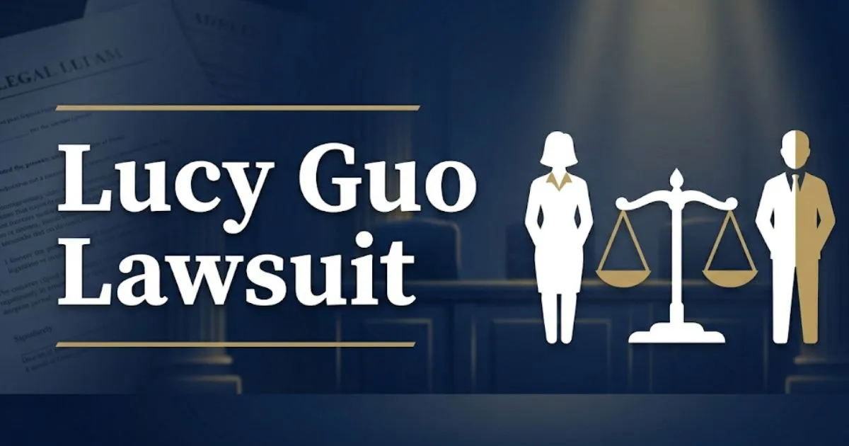 Lucy Guo Lawsuit 2026 editorial banner showing legal scale icon and case headline in deep navy and gold design