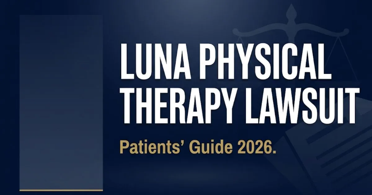 Luna Physical Therapy Lawsuit legal guide 2026 banner with scales of justice on navy background