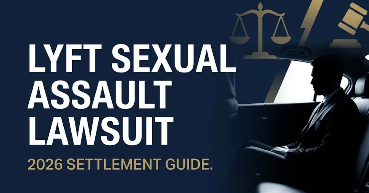 Lyft sexual assault lawsuit 2026 settlement guide banner with legal symbols and silhouette in navy and gold