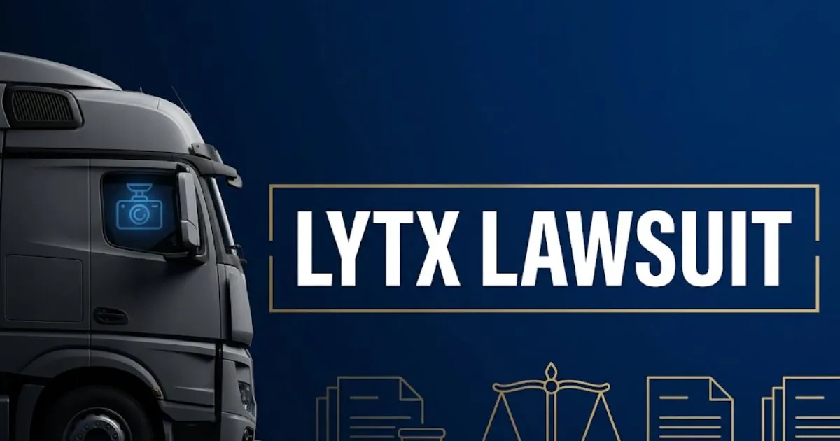 Lytx lawsuit 2026 hero banner showing commercial truck silhouette and driver camera legal case headline