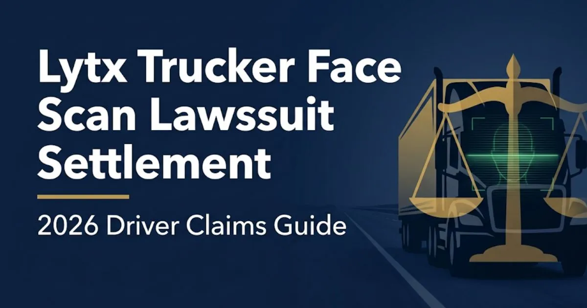 Lytx trucker face scan lawsuit settlement 2026 guide banner with semi-truck silhouette and legal symbols