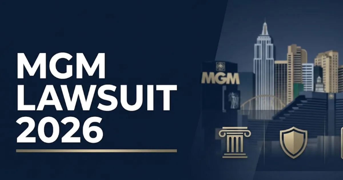 MGM Lawsuit 2026 legal blog banner with courthouse silhouette and bold headline on navy background