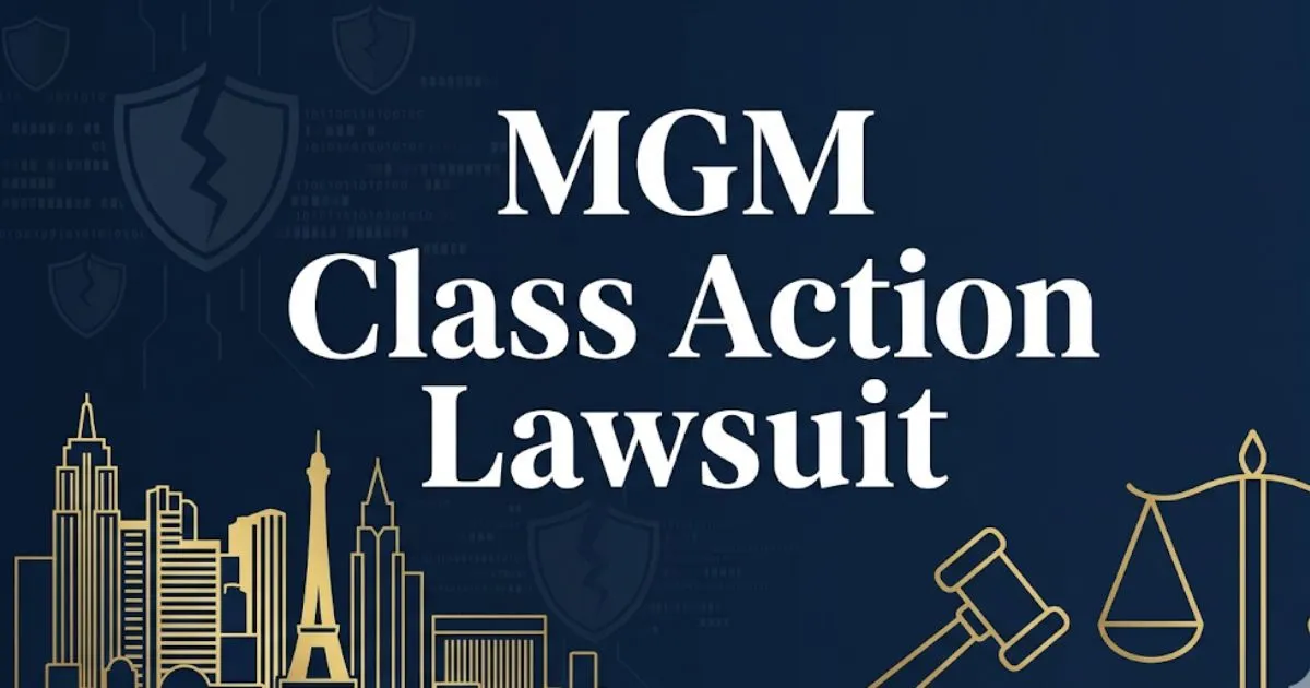 MGM class action lawsuit 2026 blog banner with legal symbols and casino skyline