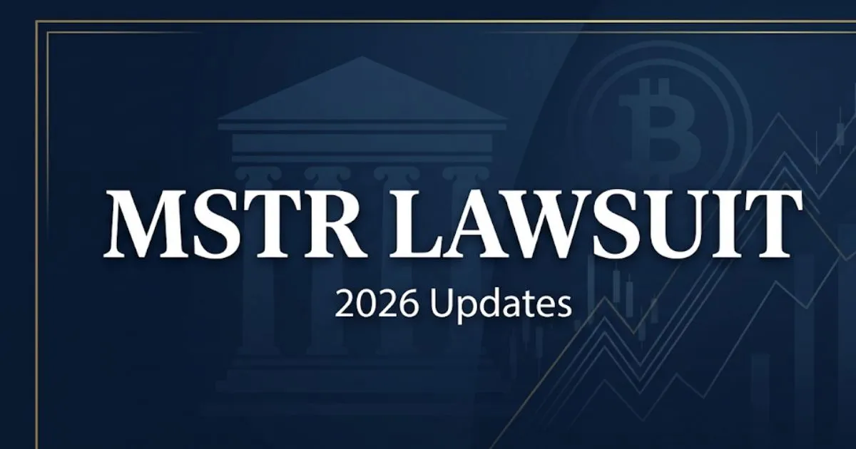 MSTR lawsuit 2026 legal blog banner with courthouse and Bitcoin symbols on navy background