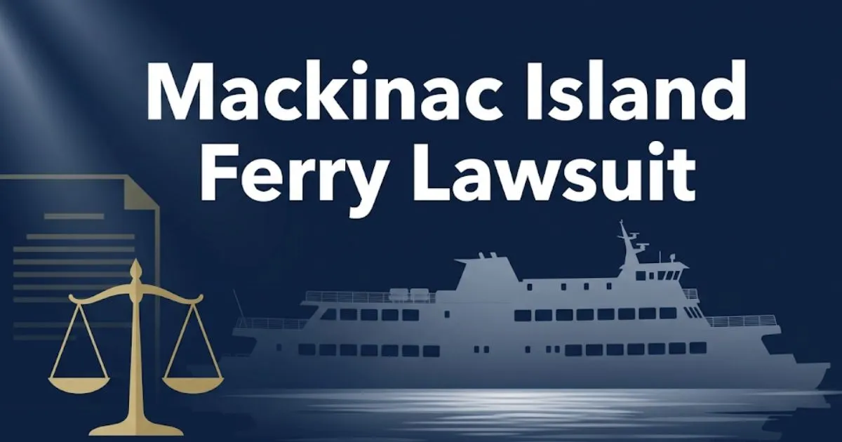 Mackinac Island ferry lawsuit 2026 blog banner with legal scales and ferry silhouette on navy background
