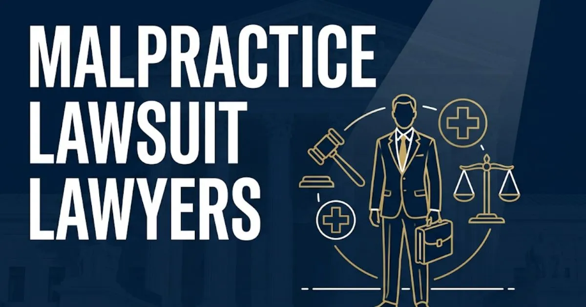 Malpractice lawsuit lawyers 2026 guide banner with legal scale, gavel, and silhouette attorney figure on navy background