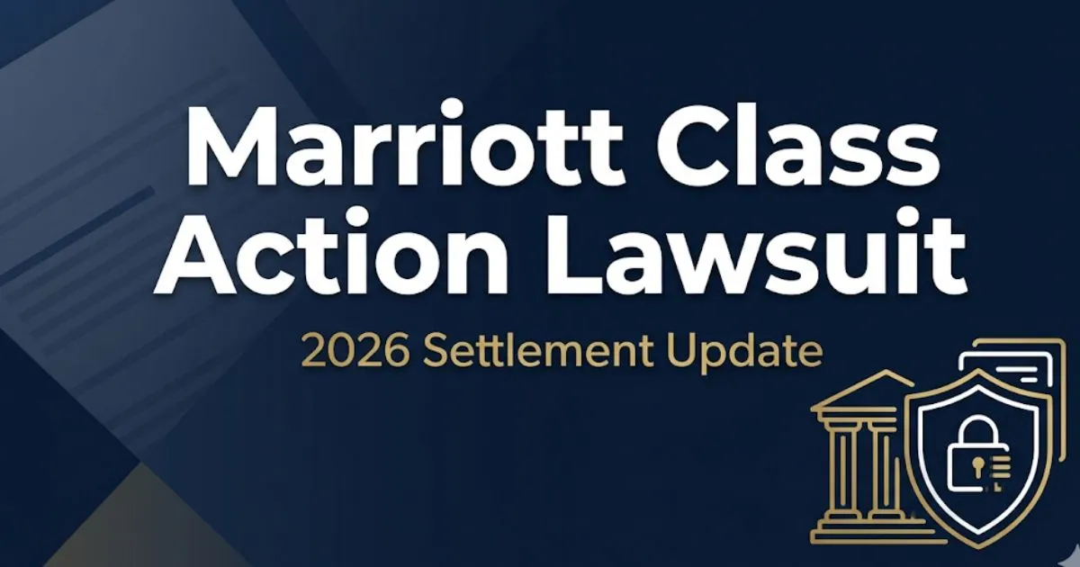 Marriott class action lawsuit 2026 settlement update banner with legal symbols on navy background
