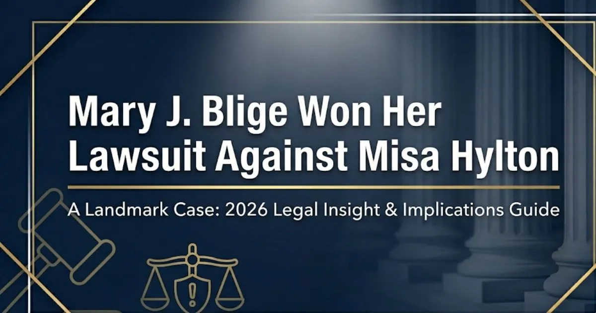 Mary J. Blige won her lawsuit against Misa Hylton banner with gavel and legal scale icons on navy background