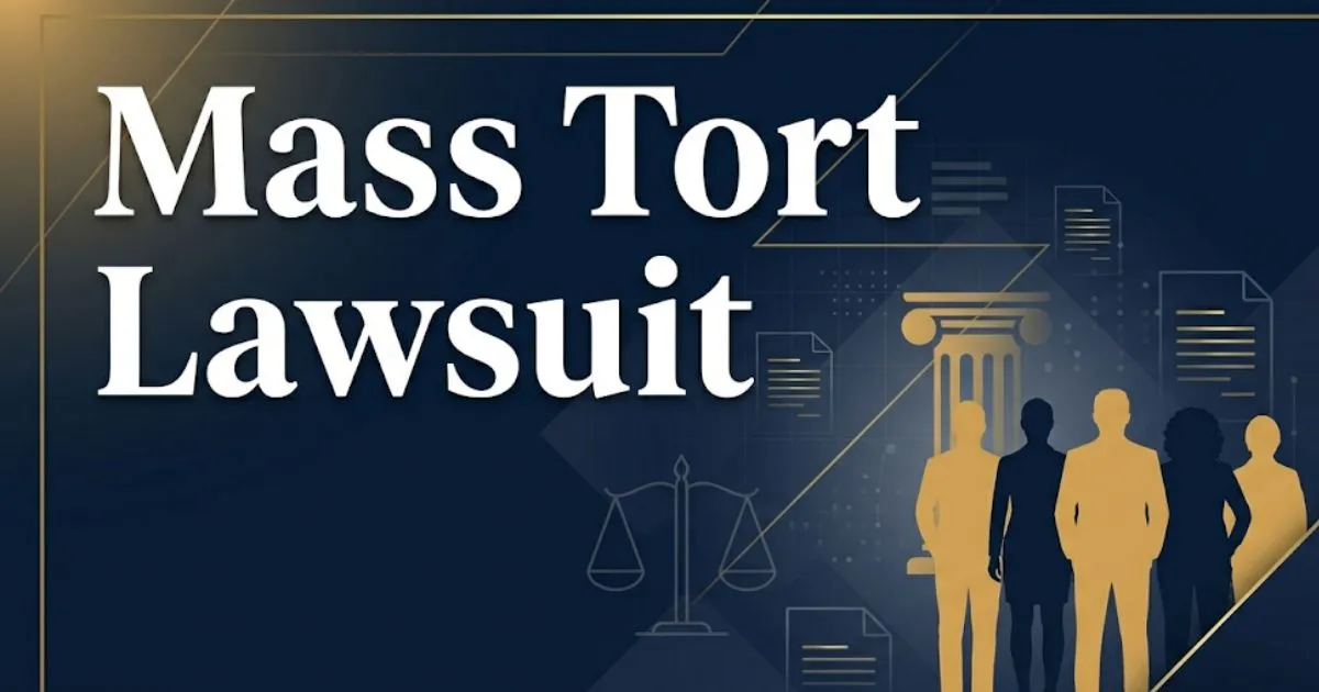 Mass tort lawsuit 2026 banner with legal scales and plaintiff silhouettes in navy and gold
