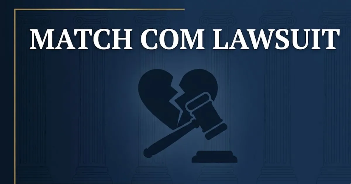Match com lawsuit 2026 legal banner with gavel and broken heart icon on navy background