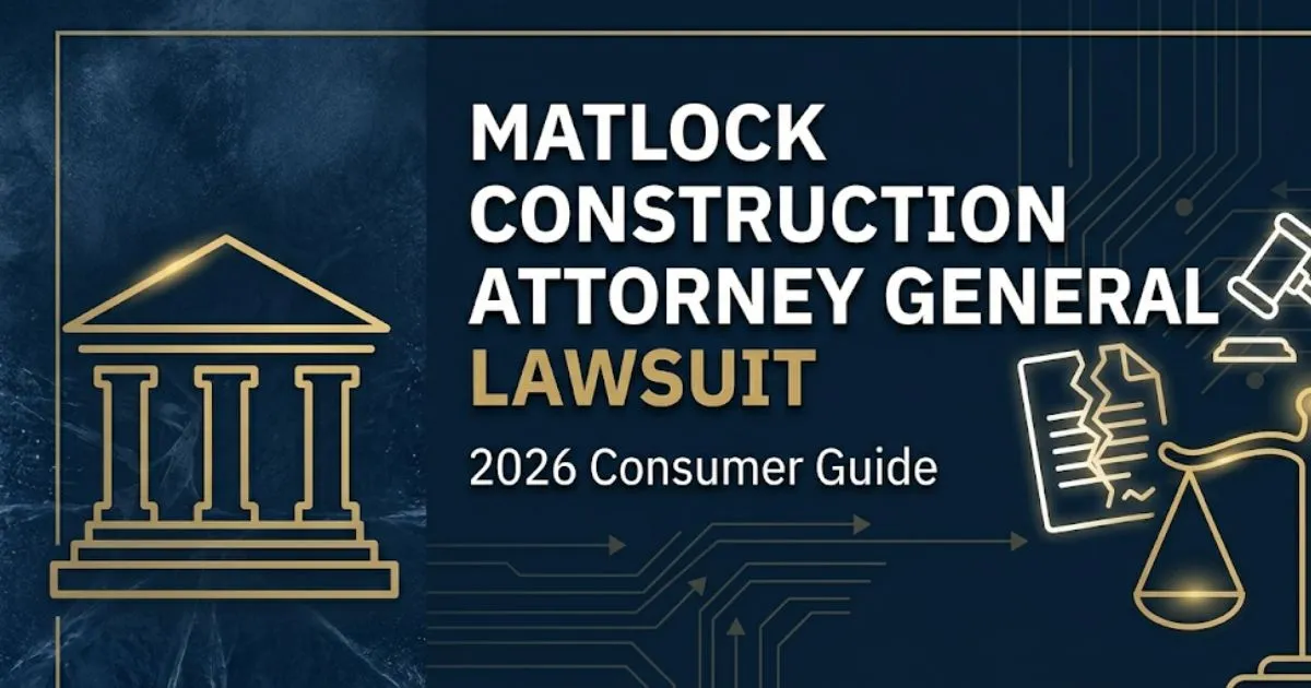 Matlock Construction attorney general lawsuit 2026 guide banner with courthouse silhouette and legal symbols on navy background