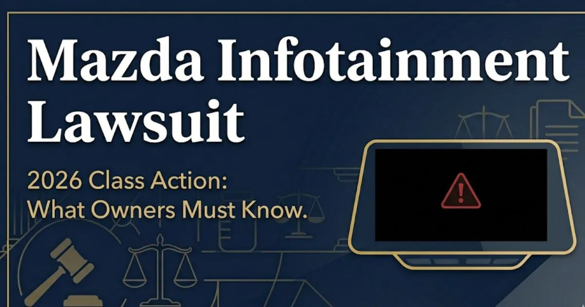 Mazda infotainment lawsuit 2026 class action blog banner showing frozen car dashboard screen