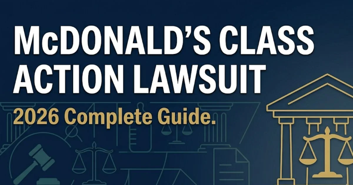 McDonald's class action lawsuit 2026 guide banner with legal scale icons and courthouse silhouette on navy background