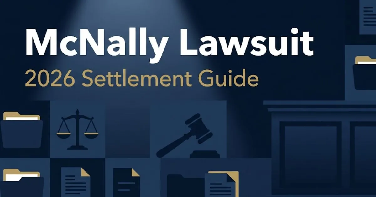 McNally lawsuit 2026 settlement guide banner with legal scales and gavel on navy background