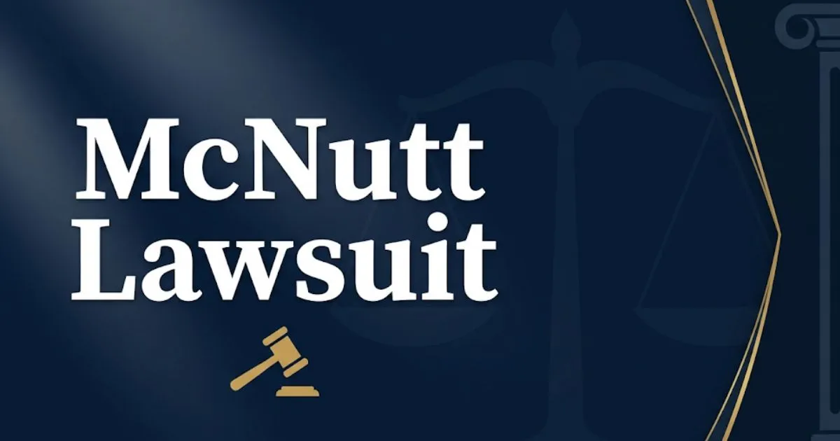 McNutt lawsuit 2026 legal banner with gavel icon, courthouse silhouette, and bold headline text on navy background