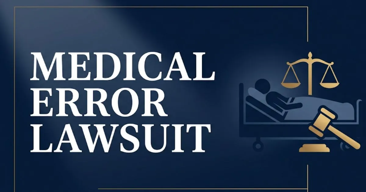 Medical error lawsuit blog banner showing bold title text with legal symbols and hospital silhouette on navy background