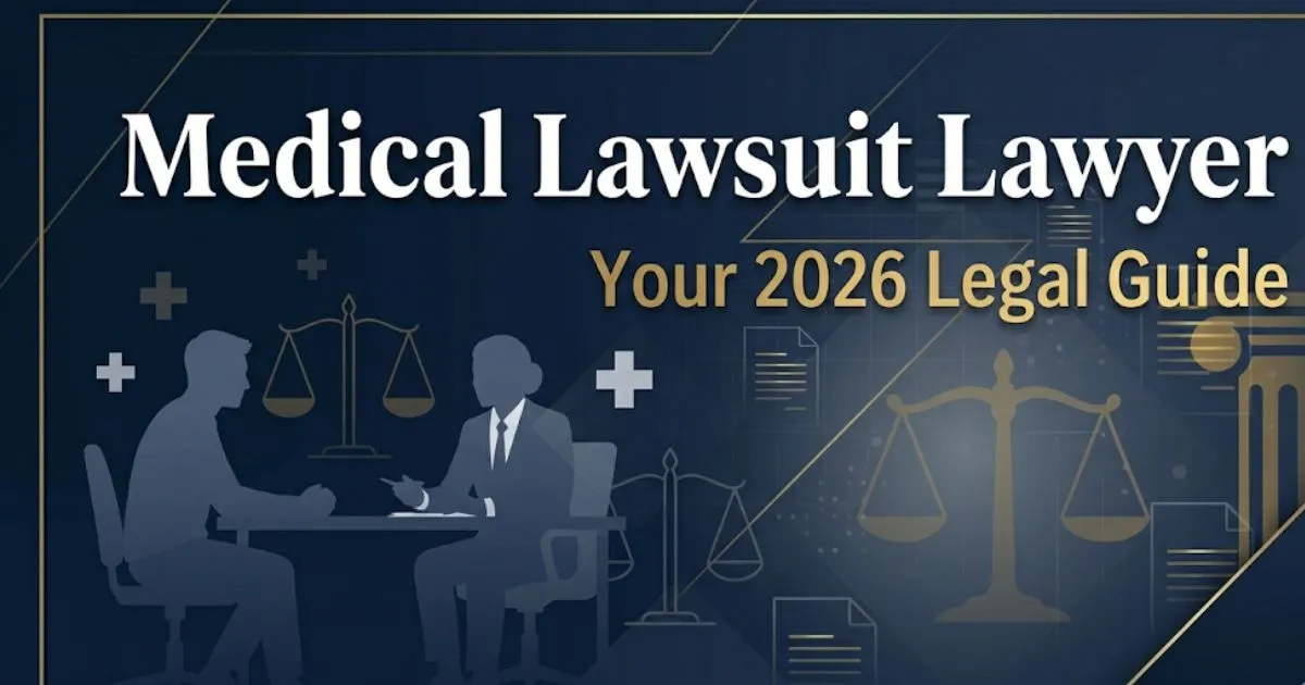 Medical lawsuit lawyer 2026 legal guide banner with scales of justice and legal consultation silhouette icons