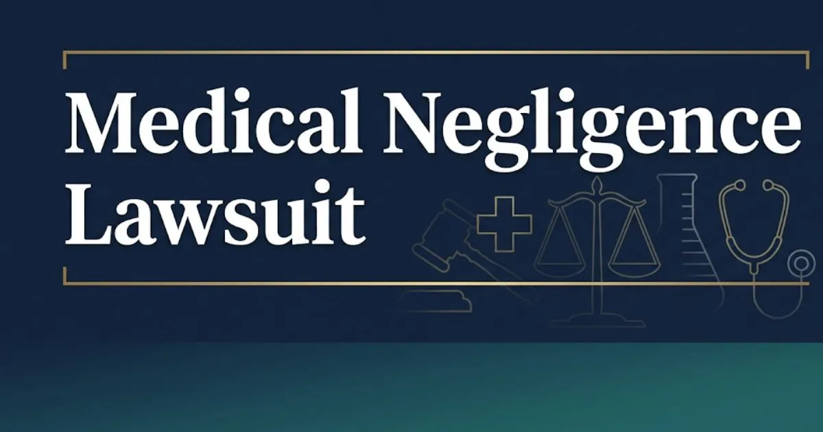 Medical negligence lawsuit 2026 guide banner with legal and medical symbols on navy background