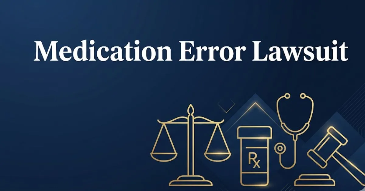 Medication error lawsuit 2026 guide with legal and medical icons on navy background