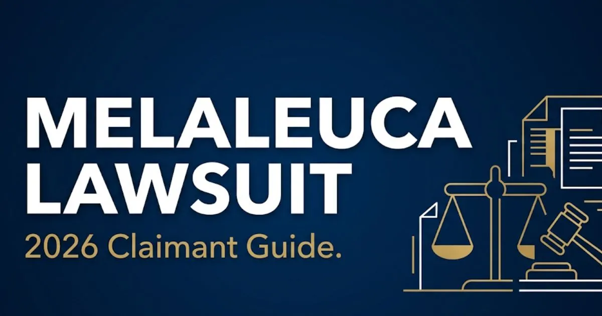 Melaleuca lawsuit 2026 claimant guide blog banner with scales of justice and legal icons on navy background