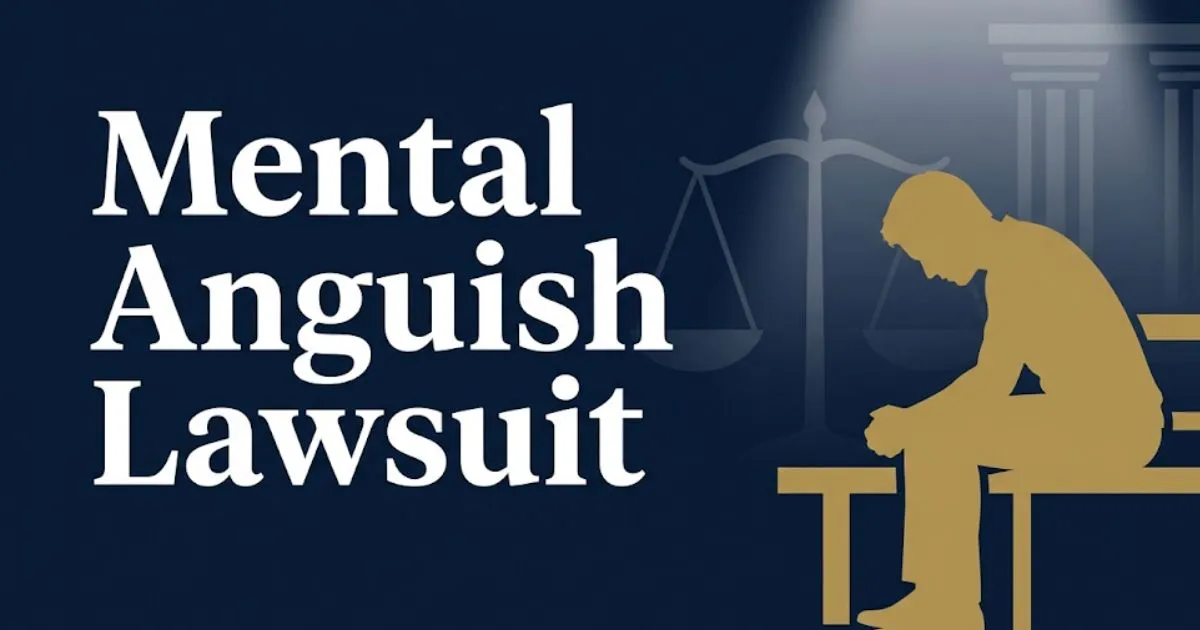 Mental anguish lawsuit informational banner with gold silhouette and legal scales on navy background
