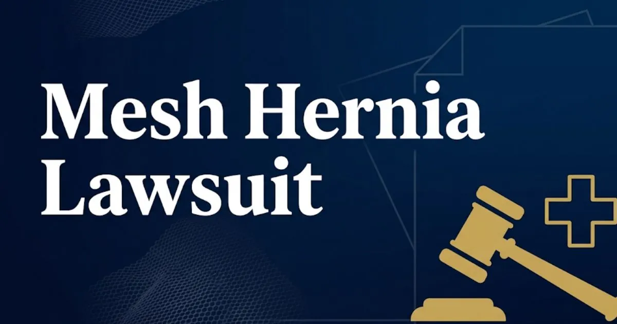Mesh hernia lawsuit 2026 banner with gavel and medical symbols on navy background