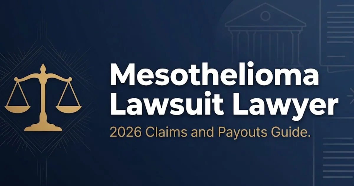 Mesothelioma lawsuit lawyer 2026 guide banner with scales of justice and legal theme
