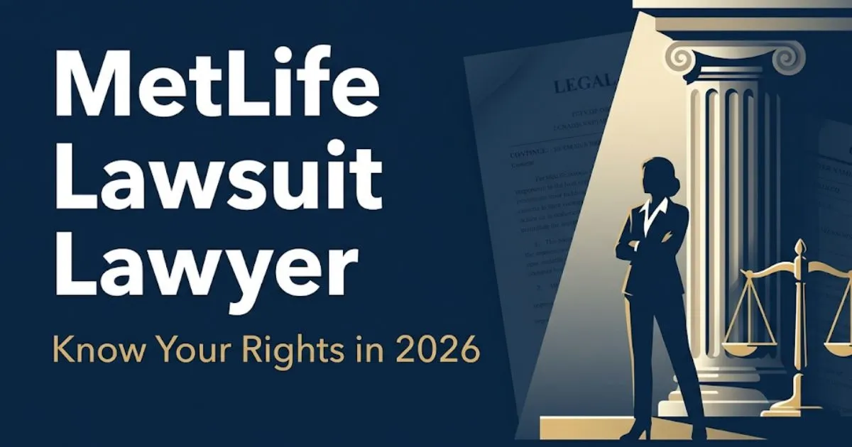 MetLife lawsuit lawyer 2026 guide showing legal scales and courthouse silhouette on navy background