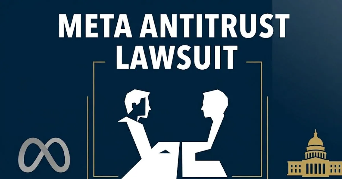 Meta antitrust lawsuit 2026 court case banner showing FTC versus Meta legal battle over Instagram and WhatsApp