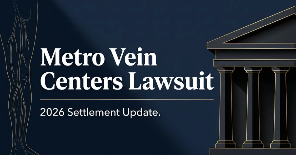 Metro vein centers lawsuit 2026 settlement update hero banner with courthouse silhouette and vein anatomy art