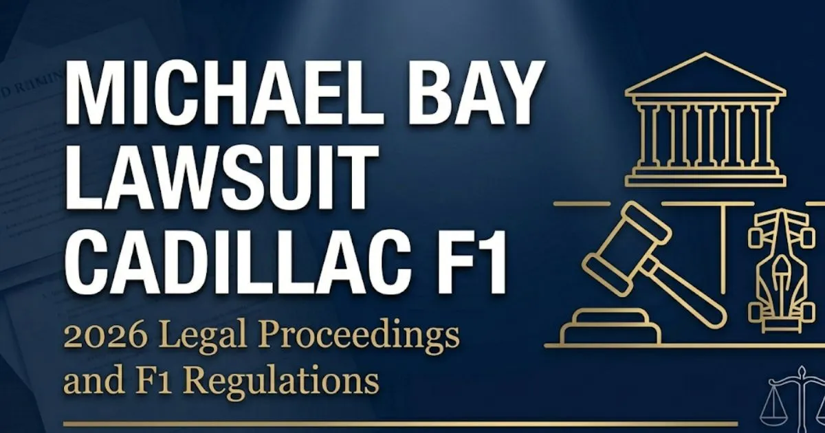 Michael Bay lawsuit Cadillac F1 2026 legal battle banner with gavel, F1 car silhouette, and legal symbols on navy background.