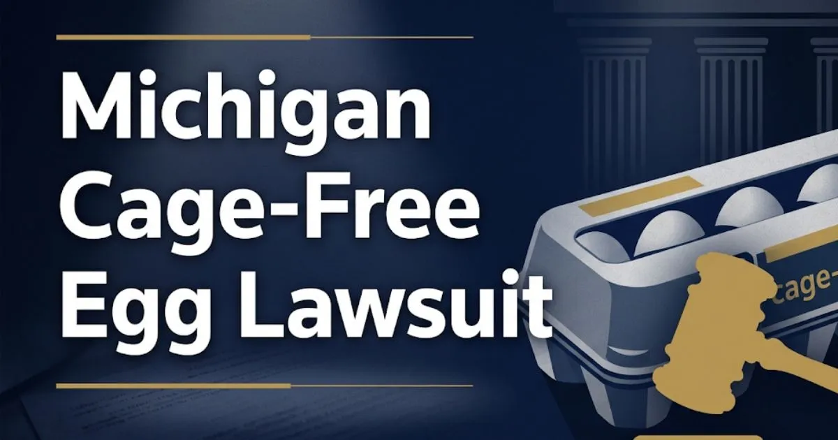 Michigan cage-free egg lawsuit 2026 legal guide banner with gavel and egg carton illustration
