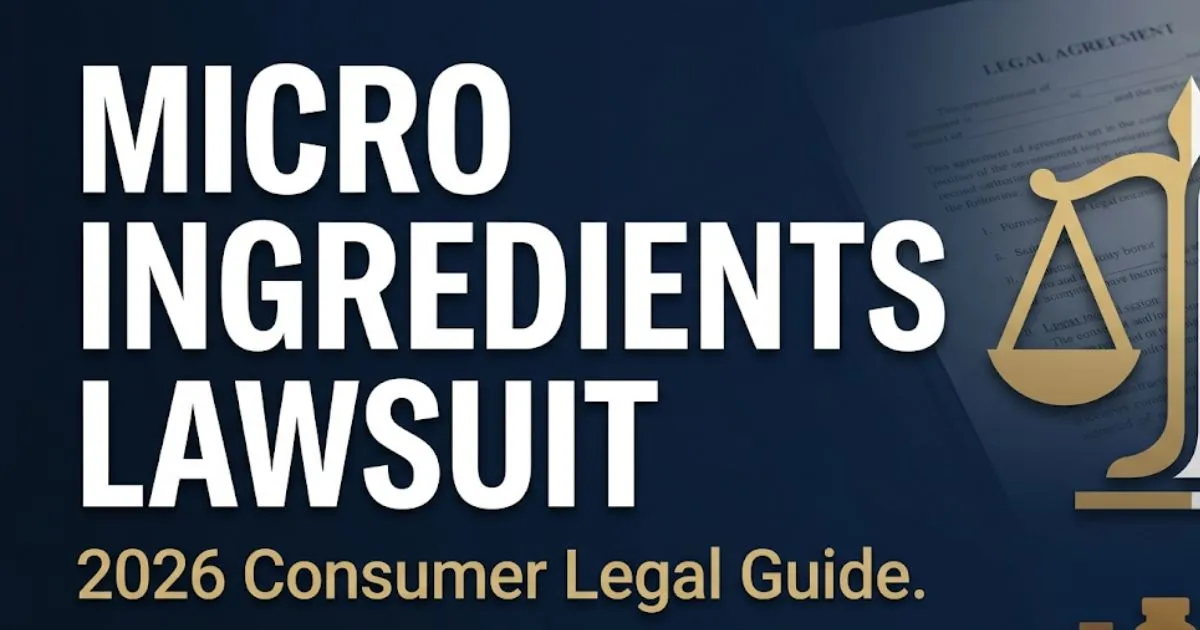 Micro ingredients lawsuit 2026 hero banner with legal scale icon and supplement bottle silhouettes on navy background