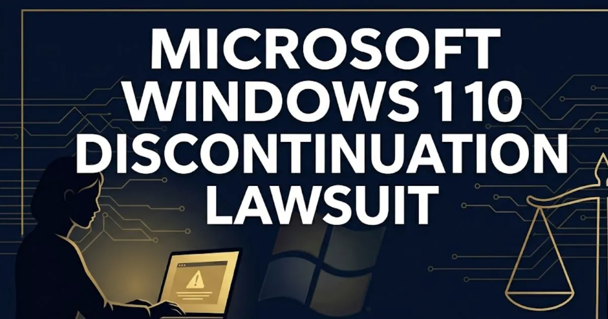 Microsoft Windows 10 discontinuation lawsuit 2026 guide banner with legal scales and tech imagery on navy background