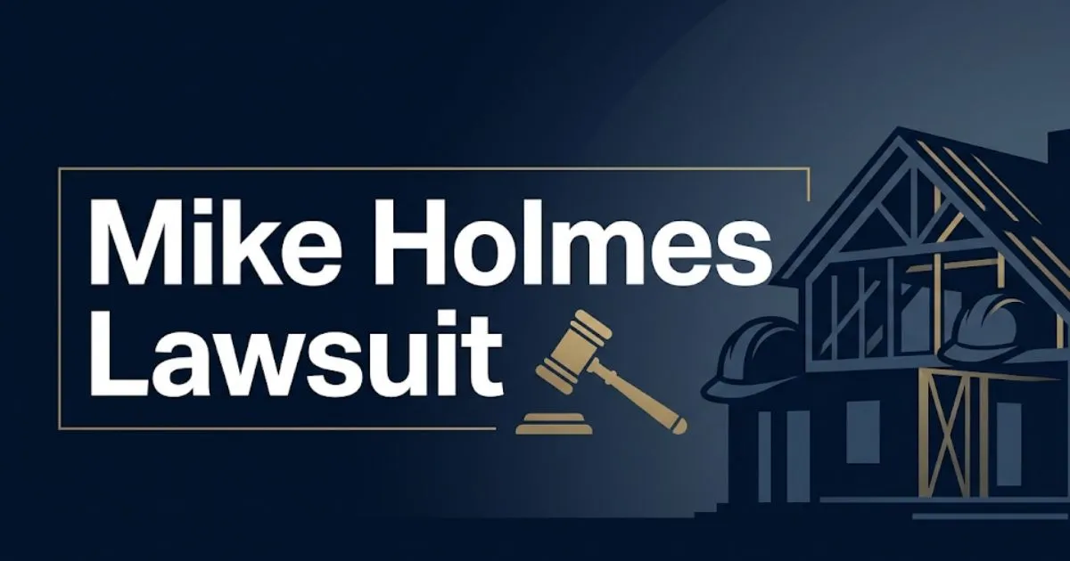 Mike Holmes Lawsuit 2026 editorial banner with house silhouette and legal gavel on navy background