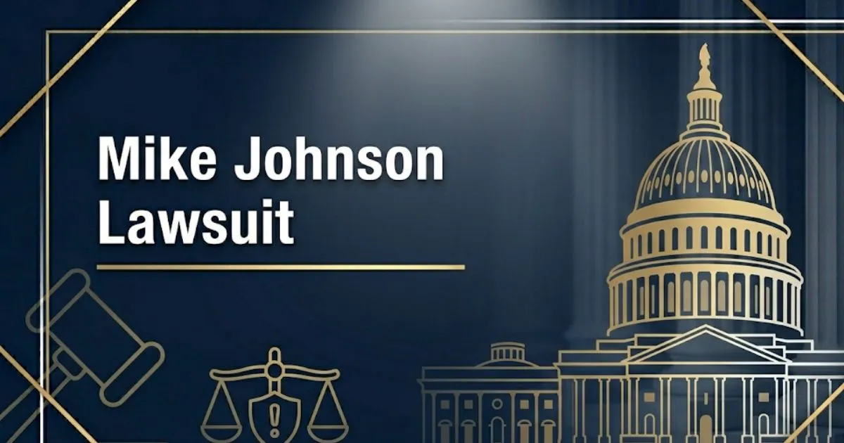 Mike Johnson Lawsuit legal breakdown 2026 banner with Capitol silhouette and scales of justice on navy background