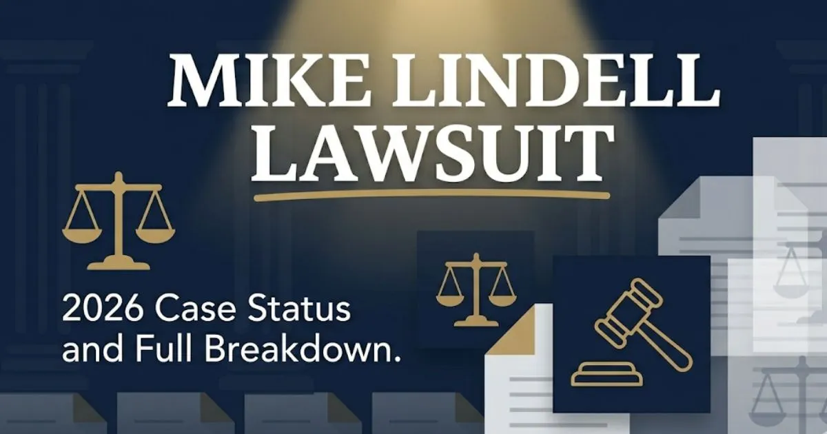 Mike Lindell lawsuit 2026 legal case breakdown banner with scales of justice and court symbols