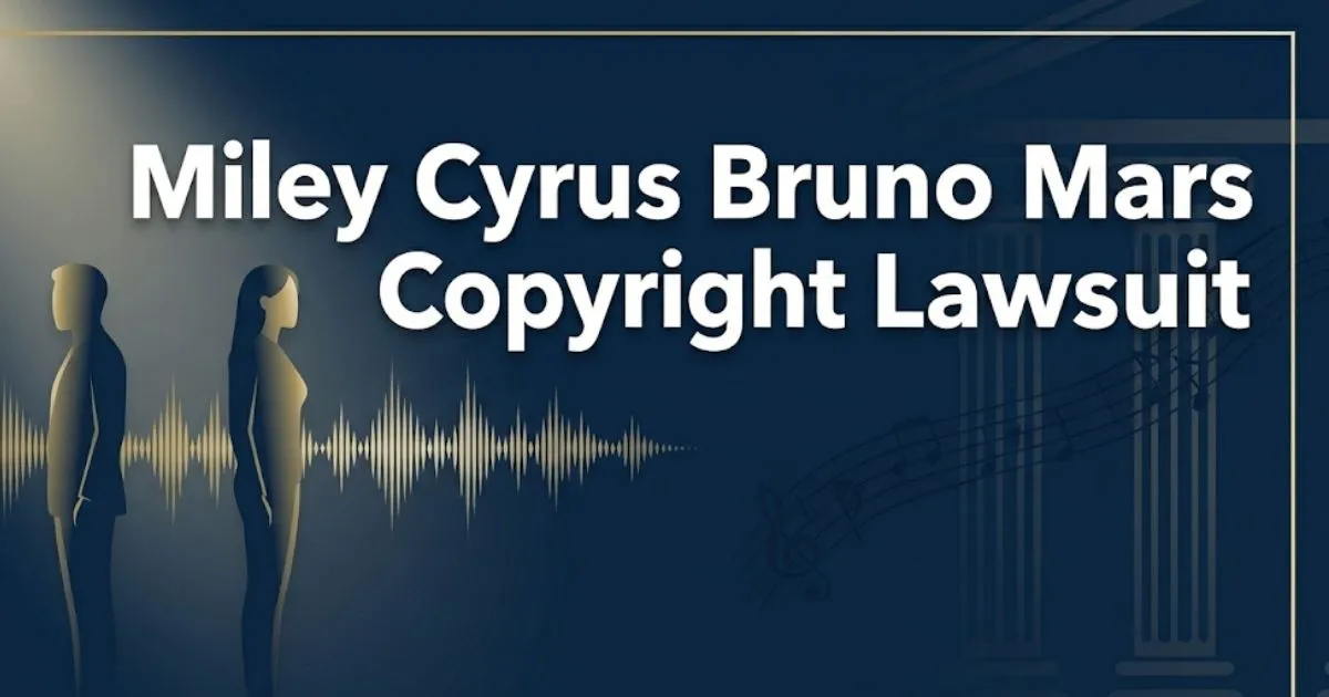 Miley Cyrus Bruno Mars copyright lawsuit 2026 legal update blog banner with gold and navy design