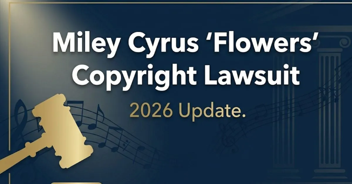 Miley Cyrus Flowers copyright lawsuit 2026 update banner with legal symbols and gold headline text on navy background