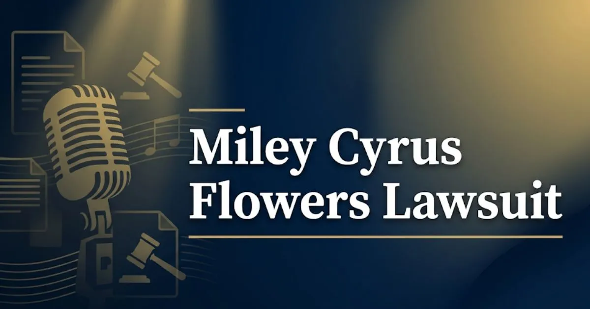 Miley Cyrus Flowers lawsuit hero banner with legal symbols, gavel icon, and bold headline on navy background.
