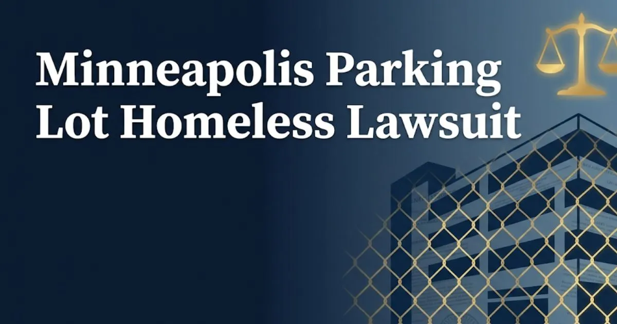 Minneapolis parking lot homeless lawsuit 2026 legal guide banner with courthouse scales and urban parking structure silhouette