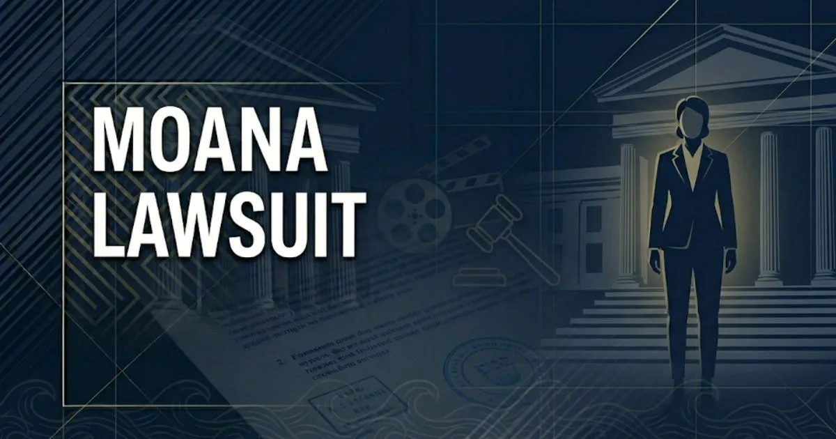 Moana lawsuit legal banner with gavel and courthouse silhouette on dark navy background with gold accents