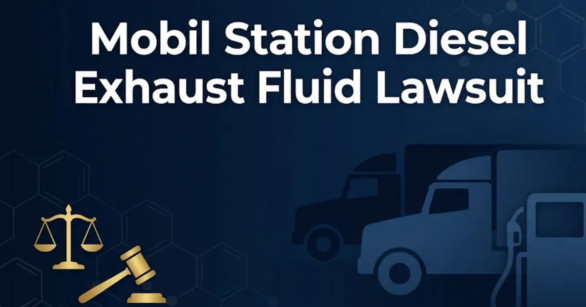 Mobil station diesel exhaust fluid lawsuit 2026 guide banner with legal icons and diesel truck silhouettes