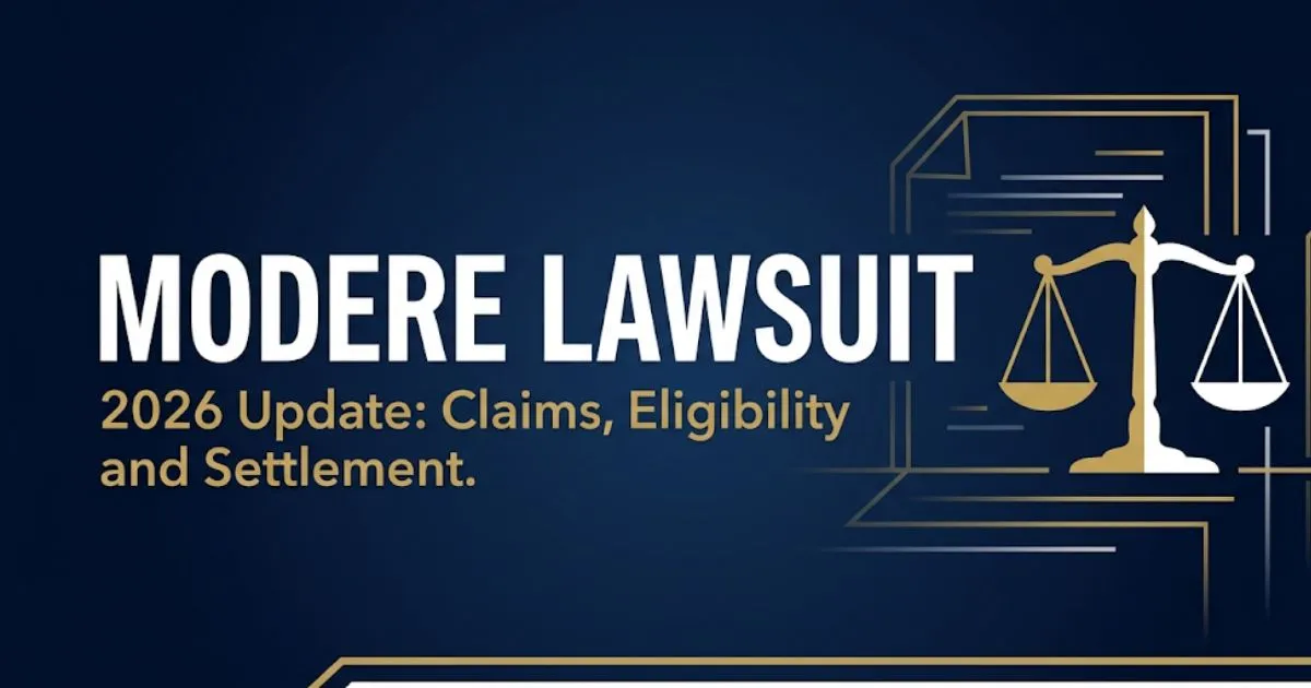 Modere lawsuit 2026 legal news banner showing scales of justice and settlement eligibility information for class action claimants