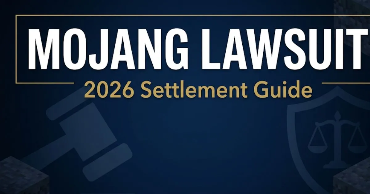 Mojang lawsuit 2026 legal banner showing settlement guide headline with gavel and scales of justice icons