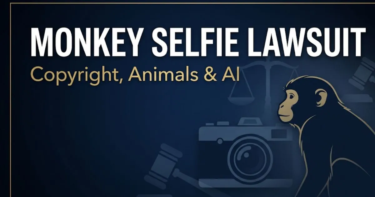 Monkey selfie lawsuit editorial banner showing case title with camera and legal symbols in navy and gold